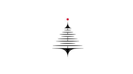 A minimalist outline of a Christmas tree icon, sleek black lines on a white background, with a tiny red dot for an ornament. Graphic, elegant, isolated on white background.