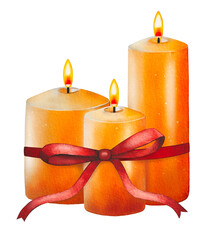 Hand drawn orange Christmas wax candles with a red ribbon. Watercolor illustration.