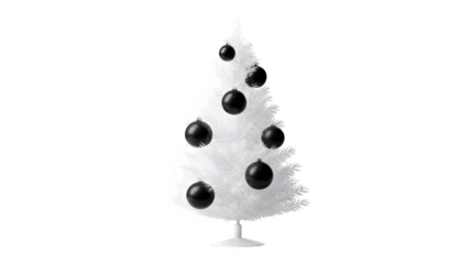 A minimalist white Christmas tree with sparse, large matte black spherical ornaments, creating a striking monochrome contrast. Modern, avant-garde, isolated on white background.