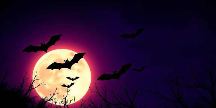 Spooky Halloween bat silhouettes against a moonlit night sky, victorian, fright