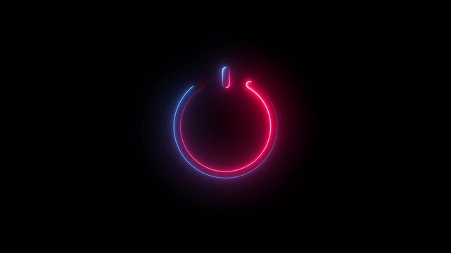Glowing neon power reset button icon sign animation.