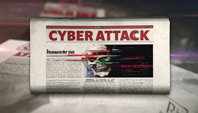 Newspaper with "Cyber Attack" headline overlays a skull and blurred code, hinting at digital threats