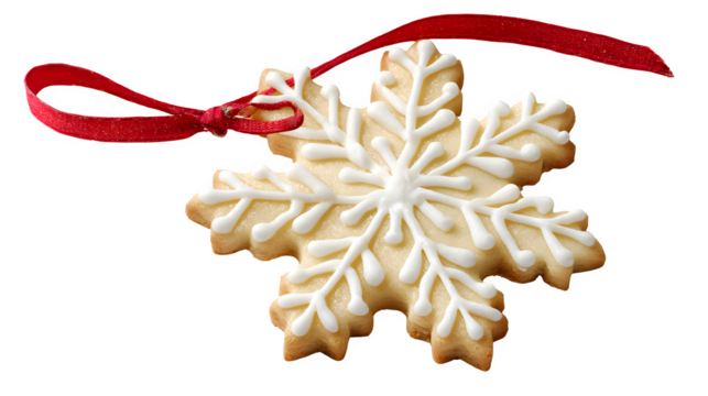 A perfect snowflake-shaped sugar cookie with white icing, hanging from a thin red ribbon, as if a Christmas ornament. Creative food styling, sharp focus, isolated on white background.