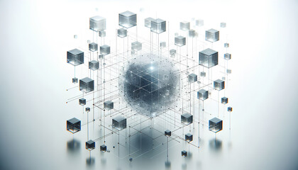 Abstract floating transparent cubes linked by thin glowing lines, symbolizing teamwork, communication, and digital collaboration, minimal white background, modern tech aesthetic, geometric composition