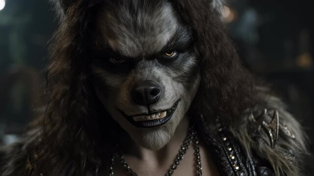 Furry werewolf bares teeth with dark gothic makeup.