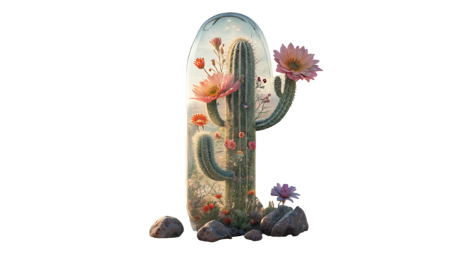 Dreamy cactus garden under glass dome, a surreal botanical concept, perfect for nature lovers and creative design projects, a touch of desert elegance