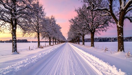 Obraz premium Snowy road lined with bare trees, leading to a colorful sky in the distance on a cold winter day