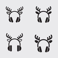 Bundle of Headphone icon with reindeer ears, minimal vector, white background.