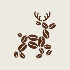 Coffee bean forming reindeer shape, minimal icon, Christmas cafe theme