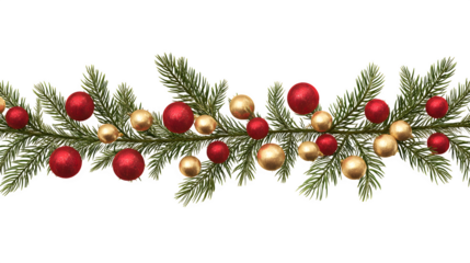 A photorealistic fir branch, perfectly symmetrical, with evenly spaced red and gold balls. Clean product shot, studio lighting, isolated on white background.