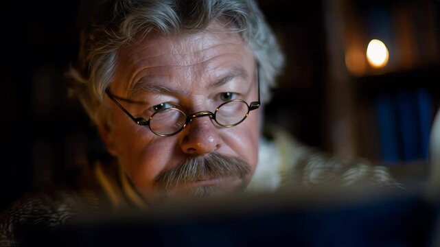 Intense historian with glasses reading ancient book by candlelight.
