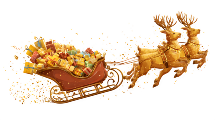 A vector illustration of Santa Claus's sleigh, overflowing with golden gifts, pulled by two reindeer in mid-flight. Dynamic and joyful, EPS 10 style, isolated on white background.