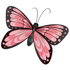 Close Up Pixel Art Pink Butterfly with Black Spots Detailed Wings and Antennae Isolated on White Background