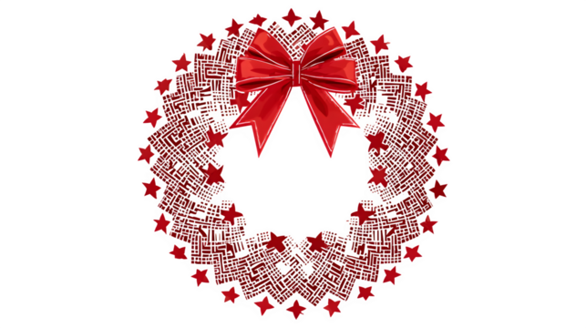 A vector illustration of a Christmas wreath made of intertwined arrows and stars, with a central red bow. Geometric and modern graphic, EPS 10 style, isolated on white background.