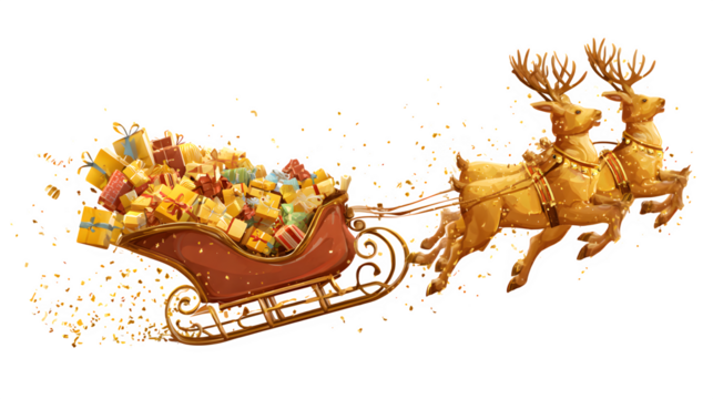 A vector illustration of Santa Claus's sleigh, overflowing with golden gifts, pulled by two reindeer in mid-flight. Dynamic and joyful, EPS 10 style, isolated on white background.