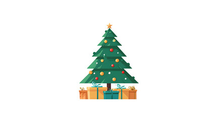 Fototapeta premium A vector illustration of a Christmas tree with a simple pile of gifts at its base. Clean, flat design, EPS 10 style, isolated on white background.