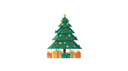A vector illustration of a Christmas tree with a simple pile of gifts at its base. Clean, flat design, EPS 10 style, isolated on white background.