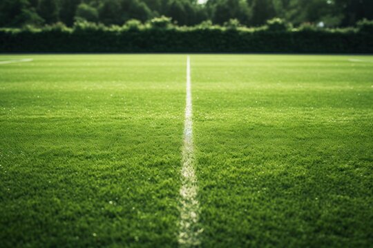 Vibrant green soccer field with prominent white line marking the halfway point, ready for a game