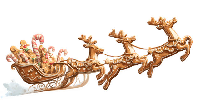 A vector illustration of Santa's sleigh, filled with candy canes, being pulled by reindeer made of gingerbread. Whimsical mixed media graphic, EPS 10 style, isolated on white background.