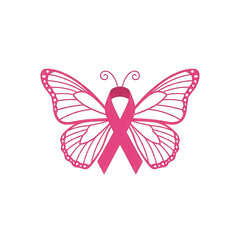 Pink ribbon butterfly symbol for breast cancer awareness on black background design
