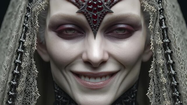 Creepy pale woman with dark eyes and red crown smiles.