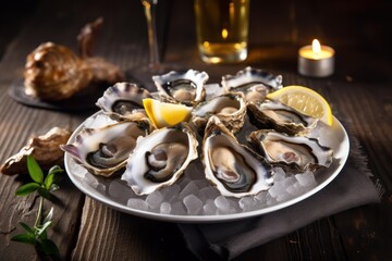 Delicious fresh oysters on ice with lemon, creating a luxurious and romantic dining experience