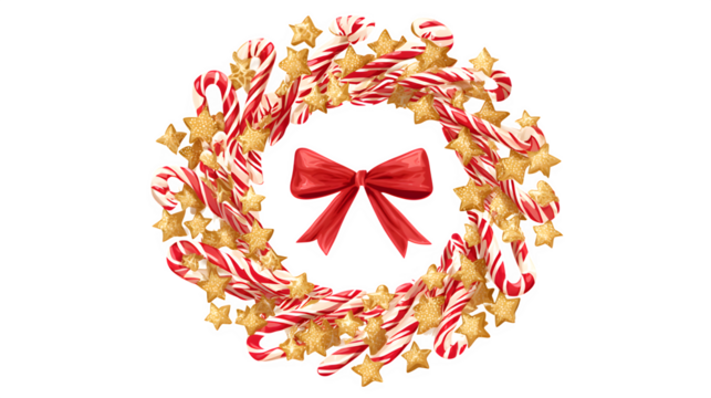 A vector illustration of a Christmas wreath made of intertwined red candy canes and golden stars, with a central red bow. Whimsical and playful graphic, EPS 10 style, isolated on white background.
