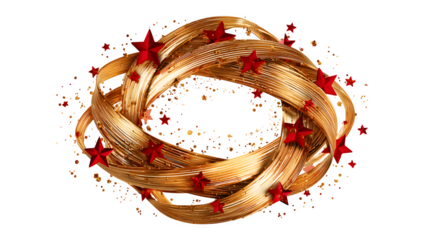 A vector illustration of a Christmas wreath made of intertwined golden ribbons and red stars. Luxurious and modern graphic, EPS 10 style, isolated on white background.