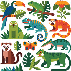 Naklejka premium Vibrant exotic tropical animals and flora collection for design projects