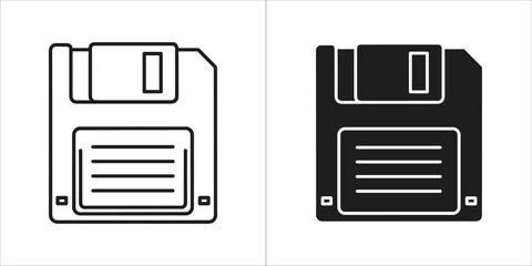 Two icons of a floppy disk, one in outline and one in solid black