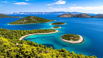 Turquoise water surrounds forested isles under blue sky with distant mountains. Sunlit greenery in the foreground