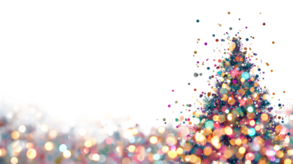 A vibrant Christmas tree, its lights creating a soft bokeh background, highlighting scattered iridescent confetti on its branches. Dreamy, festive, isolated on white background.