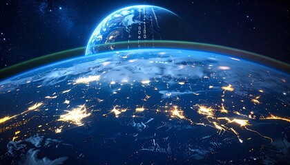 Two earths in space, one with glowing cities and atmosphere, another with digital effects, against star backdrop