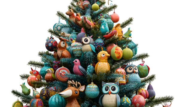 A vibrant Christmas tree, full of character, with large, colorful whimsical animal ornaments like owls and squirrels. Playful, imaginative, isolated on white background.