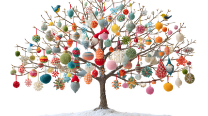 A whimsical Christmas tree, its branches filled with quirky, mismatched handmade ornaments like felt gnomes and crocheted snowflakes. Artistic, unique, isolated on white background.