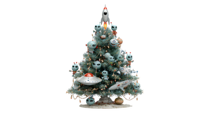 A whimsical Christmas tree, adorned with playful alien figurines, miniature rocket ornaments, and metallic garland. Sci-fi theme, quaint, isolated on white background.