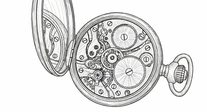 Intricate Mechanical Movement of an Open Pocket Watch Detailed Sketch.