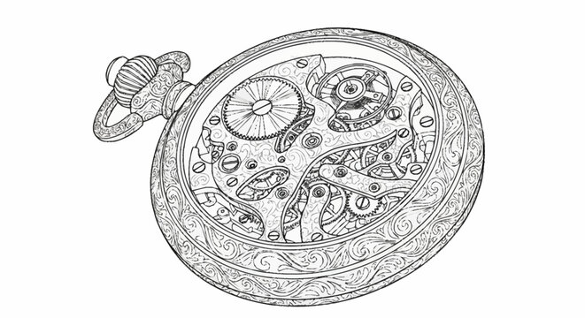 Intricate Mechanical Pocket Watch Movement Detailed Line Art Drawing.