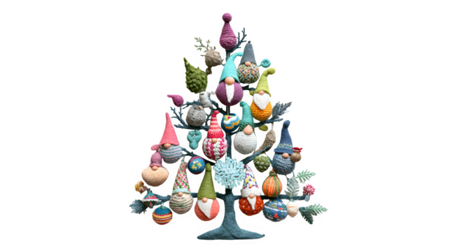 A whimsical Christmas tree, its branches filled with quirky, mismatched handmade ornaments like felt gnomes and crocheted snowflakes. Artistic, unique, isolated on white background.