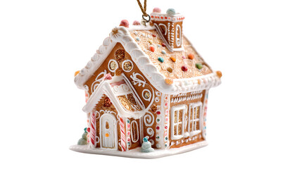 A whimsical miniature gingerbread house ornament, meticulously decorated with white icing and tiny candy pieces. Detailed, festive, isolated on white background.