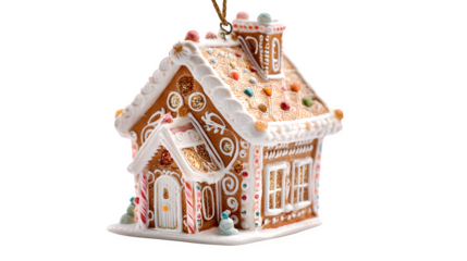 A whimsical miniature gingerbread house ornament, meticulously decorated with white icing and tiny candy pieces. Detailed, festive, isolated on white background.