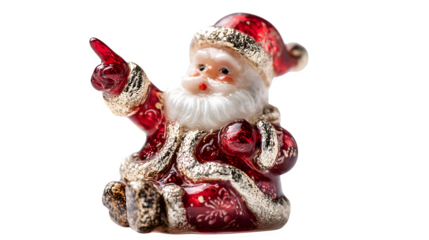 A whimsical miniature glass Santa Claus ornament, with fine detail on his suit and beard. Playful, finely detailed, isolated on white background.