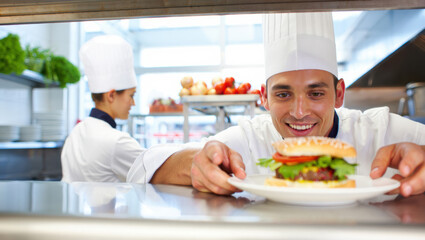 Chef presenting a delicious burger in a bustling kitchen environment