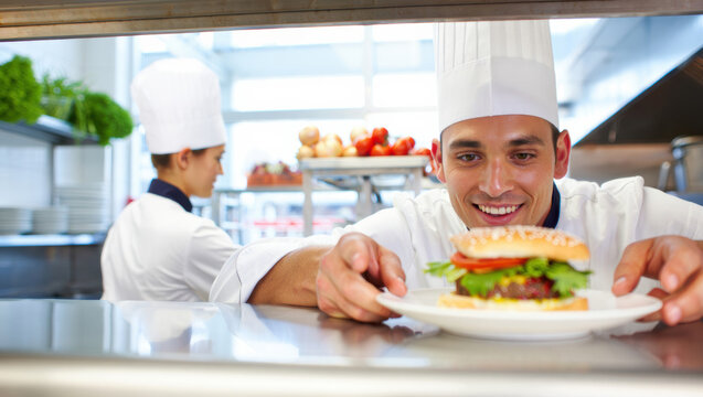 Chef presenting a delicious burger in a bustling kitchen environment