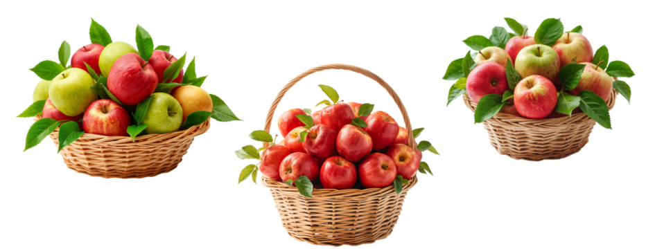 Ripe apples in a basket isolated on transparent background
