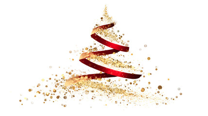 An abstract Christmas tree formed from gold bokeh glitter particles, with a single, hyper-realistic red ribbon wrapped around it. Mixed media style, for a transparent PNG background.