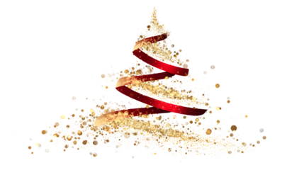 An abstract Christmas tree formed from gold bokeh glitter particles, with a single, hyper-realistic red ribbon wrapped around it. Mixed media style, for a transparent PNG background.