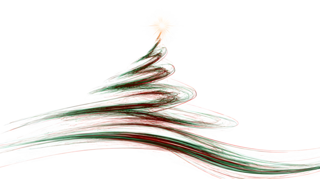 An abstract Christmas tree formed by swirling light trails in green and red, with a bright star apex. Dynamic, ethereal, isolated on white background. - Powered by Adobe