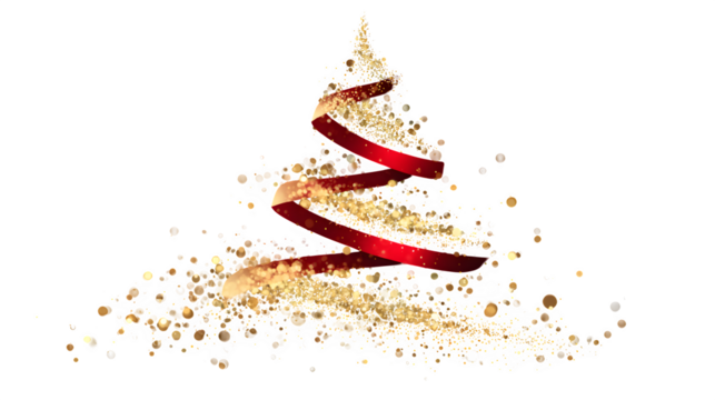An abstract Christmas tree formed from gold bokeh glitter particles, with a single, hyper-realistic red ribbon wrapped around it. Mixed media style, for a transparent PNG background.