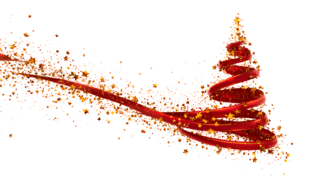 An abstract Christmas tree formed by a whirlwind of red ribbons and golden stars. Dynamic, high-speed motion effect, festive and energetic, isolated on white background.